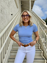 Load image into Gallery viewer, Arlo Ribbed Scrunch Side Tee in Sky Blue